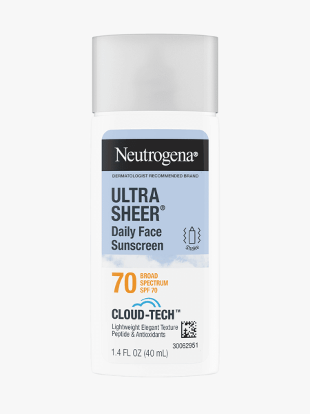 Neutrogena® Ultra Sheer Daily Face Sunscreen Broad Spectrum SPF 70 in branded component on a light gray background